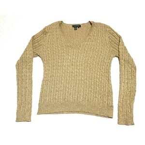 Ralph Lauren Women's XL V-Neck Cable Sweater Holiday Gold Metallic Preppy